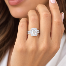 Load image into Gallery viewer, Emerald Cut Moissanite And Round Cut Sides Cvd Diamond Engagement Ring And Matching Band 14k Solid White Gold Halo Wedding Bridal Set 2.00ct

