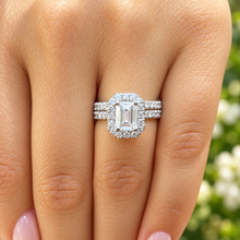 Load image into Gallery viewer, Emerald Cut Moissanite And Round Cut Sides Cvd Diamond Engagement Ring And Matching Band 14k Solid White Gold Halo Wedding Bridal Set 2.00ct
