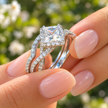 Load image into Gallery viewer, Princess &amp; Round Diamond Halo Twisted Shank Bridal Ring Set IGI Certified 14K White Gold 1.80
