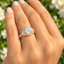 Load image into Gallery viewer, Round Moissanite &amp; Half Moon CVD Diamond Art Deco Engagement Ring 14K Yellow Gold 3.00 CTW
