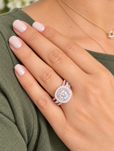 Load image into Gallery viewer, Cushion Cut And Round Cut Diamonds And Pink Sapphires Engagement Ring And Two Bands IGI Certified 14K White And Rose Gold Double Halo 3.00ct
