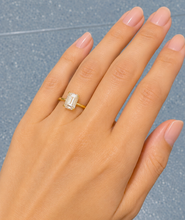 Load image into Gallery viewer, Emerald Shape Moissanite Center And Round Cut Sides Engagement Ring Inner Halo Style 14k Yellow Gold Wedding Ring 3.10ctw
