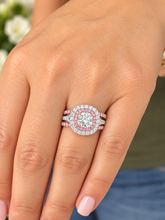 Load image into Gallery viewer, Cushion Cut And Round Cut Diamonds And Pink Sapphires Engagement Ring And Two Bands IGI Certified 14K White And Rose Gold Double Halo 3.00ct

