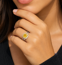 Load image into Gallery viewer, Cushion Cut Yellow Citrine And Natural Round Cut Sides Diamond Engagement Ring 14k Solid White Gold Bridal Ring Halo Style Wedding Ring 5.80
