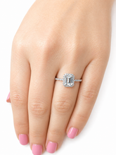 Load image into Gallery viewer, Emerald Cut Moissanite Center And Round Cut Sides Engagement Ring Halo Style Minimalist Bridal Wedding Ring Set In 14k Solid White Gold 1.50
