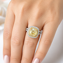 Load image into Gallery viewer, Round Cut Simulated Fancy Yellow And Cvd Round Cut Sides Diamond Engagement Ring 14k Solid White And Yellow Gold Bridal Wedding Halo 4.00ctw
