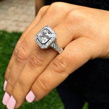 Load image into Gallery viewer, Asscher Cut Moissanite and Round Cut Cvd Diamonds Engagement Ring Bezel Set Wedding Ring Halo Style Bridal Ring 14k Solid White Gold 4.60ctw
