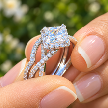 Load image into Gallery viewer, Princess Cut Moissanite &amp; Round Cut Halo Twisted Shank Bridal Ring Set 14K White Gold 1.80 CTW
