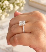 Load image into Gallery viewer, Emerald Cut Moissanite And Round Cut Sides Engagement Ring Set In 14k Yellow Gold Wedding Ring Bridal propose Ring 5.25ctw
