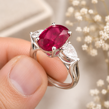 Load image into Gallery viewer, Oval Shape Ruby And Pear Shape Side Cvd Diamonds Prong Set Engagement Right Hand Ring 14k Solid White Gold Wedding Ring 3.80ctw
