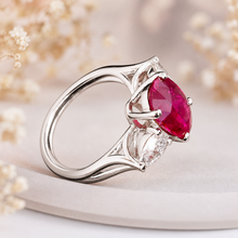 Load image into Gallery viewer, Oval Shape Ruby And Pear Shape Side Cvd Diamonds Prong Set Engagement Right Hand Ring 14k Solid White Gold Wedding Ring 3.80ctw
