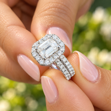 Load image into Gallery viewer, Emerald Cut Moissanite And Round Cut Sides Cvd Diamond Engagement Ring And Matching Band 14k Solid White Gold Halo Wedding Bridal Set 2.00ct
