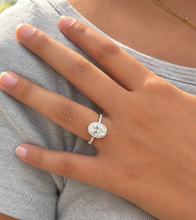 Load image into Gallery viewer, Elongated Oval Shape Moissanite Center (11x8mm) And Round Cut Sides Engagement Ring Halo Style 14k White Gold Wedding Ring 4.50ctw
