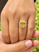 Load image into Gallery viewer, Cushion Cut Yellow Citrine And Natural Round Cut Sides Diamond Engagement Ring 14k Solid White Gold Bridal Ring Halo Style Wedding Ring 5.80
