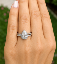 Load image into Gallery viewer, Pear Shape And Round Cut Sides Natural Diamond Halo Engagement Ring And Matching Band Bridal Set 14K Solid White Gold Wedding Set 1.00ctw
