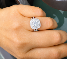 Load image into Gallery viewer, Cushion Cut Diamond And Round Cut Sides Engagement Ring And Matching Band Double Halo Bridal Set 14k Solid White Gold Wedding Set 2.00ctw
