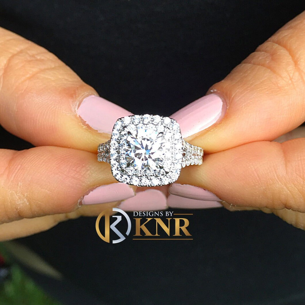 GIA Cetified Natural Cushion Cut and Round Cut Diamond Engagement Ring 14k Solid White Gold Bridal Ring Double Halo Wedding Ring 2.70Ctw