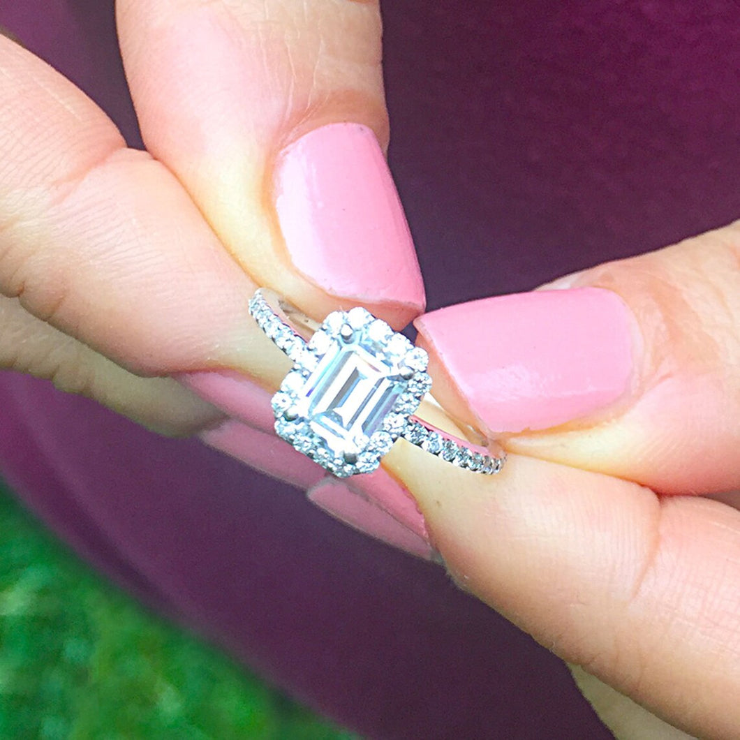 GIA Certified Emerald Cut And Round Cut Sides Natural Diamond Engagement Ring Halo Bridal Ring Wedding Ring 14k Solid White Gold 1.50ctw