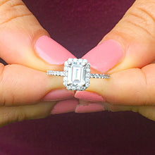 Load image into Gallery viewer, GIA Certified Emerald Cut And Round Cut Sides Natural Diamond Engagement Ring Halo Bridal Ring Wedding Ring 14k Solid White Gold 1.50ctw

