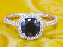 Load image into Gallery viewer, Round Cut Sapphire And Round Cut Sides Diamonds Engagement Ring Halo Wedding Ring 14k Solid White Gold Bridal Ring Prong Set For Her 2.10ctw

