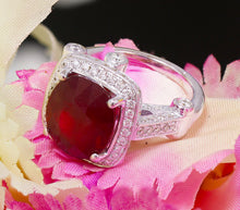 Load image into Gallery viewer, Cushion Cut Ruby And Round Cut Diamonds Antique Deco Design Ring 14k Solid White Gold Engagement Anniversary Wedding Pong Set Halo 7.80ctw
