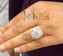Load image into Gallery viewer, Cushion Cut Moissanite And Round Cut Sides CVD Diamond Engagement Ring Double Halo Bridal Halo Ring 14k Solid White And Yellow Gold 6.50ctw
