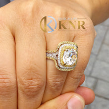 Load image into Gallery viewer, Cushion Cut Moissanite And Round Cut Sides Cvd Diamond Engagement Ring And Two Matching Bands Halo Wedding Set 14k Solid White Gold 7.10ctw
