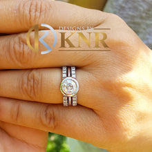 Load image into Gallery viewer, Round Moissanite And Round Cut Sides Engagement Ring And Two Matching Bands Bezel Set 14k Solid White Gold Bridal Wedding Halo Ring 1.80ctw
