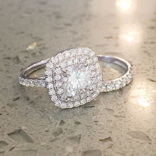 Load image into Gallery viewer, Cushion Cut Diamond And Round Cut Sides Engagement Ring And Matching Band Double Halo Bridal Set 14k Solid White Gold Wedding Set 1.60ctw
