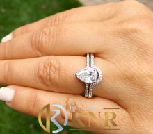 Load image into Gallery viewer, Pear Shape Moissanite And Round Cut Sides Engagement Ring And Matching Band 14k Solid White Gold Wedding Ring And Band Bridal Halo 1.50ctw
