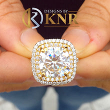 Load image into Gallery viewer, Cushion Cut Moissanite And Round Cut Sides CVD Diamond Engagement Ring Double Halo Bridal Halo Ring 14k Solid White And Yellow Gold 6.50ctw
