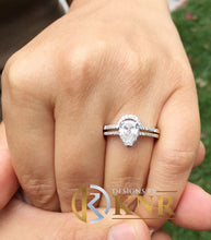 Load image into Gallery viewer, Pear Shape Moissanite And Round Cut Sides Engagement Ring And Matching Band Halo Style In 14k Solid White Gold Wedding Bridal Set 1.50ctw
