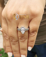 Load image into Gallery viewer, Pear Shape Moissanite And Round Cut Sides Engagement Ring And Matching Band Halo Style In 14k Solid White Gold Wedding Bridal Set 1.50ctw
