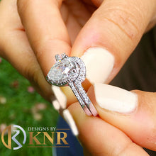Load image into Gallery viewer, Pear Shape Moissanite And Round Cut Sides Engagement Ring And Matching Band Halo Style In 14k Solid White Gold Wedding Bridal Set 1.50ctw
