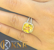 Load image into Gallery viewer, Cushion Cut Yellow Citrine And Roun Cut Sides Natural Diamond Engagement Ring Halo Style Bridal Ring 14k Solid White Gold Wedding Ring 4.70
