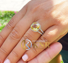 Load image into Gallery viewer, Cushion Cut Yellow Citrine And Roun Cut Sides Natural Diamond Engagement Ring Halo Style Bridal Ring 14k Solid White Gold Wedding Ring 4.70
