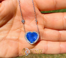 Load image into Gallery viewer, Large 14k White Gold Heart Shape Sapphire And Round Cut Natural Diamonds Pendent Necklace Art Deco Style Halo Bridal Gift Chain 5.70ctw
