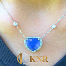 Load image into Gallery viewer, Large 14k White Gold Heart Shape Sapphire And Round Cut Natural Diamonds Pendent Necklace Art Deco Style Halo Bridal Gift Chain 5.70ctw
