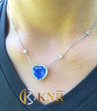 Load image into Gallery viewer, Large 14k White Gold Heart Shape Sapphire And Round Cut Natural Diamonds Pendent Necklace Art Deco Style Halo Bridal Gift Chain 5.70ctw

