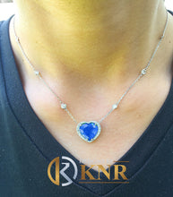 Load image into Gallery viewer, Large 14k White Gold Heart Shape Sapphire And Round Cut Natural Diamonds Pendent Necklace Art Deco Style Halo Bridal Gift Chain 5.70ctw
