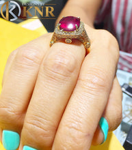 Load image into Gallery viewer, Oval Shape Ruby And Round Cut Sides Natural Diamonds Engagement Ring Right Hand Ring Halo Style Wedding Ring 14k Solid Yellow Gold 8.20ctw
