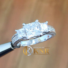 Load image into Gallery viewer, 14k white gold princess and round cut natural diamond engagement ring prong set Three Stone, bridal, anniversary, wedding, deco 1.60ctw
