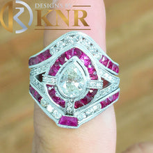 Load image into Gallery viewer, 14k white gold pear shape and round cut natural diamond and rubies engagement ring bands wedding bridal antique filigree bezel set 2.50ctw
