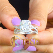 Load image into Gallery viewer, Cushion Cut Moissanite and Round Cut Sides Cvd Diamond Engagement Ring And Band 14k Solid White Gold Halo Wedding Set Twisted Shank 2.70
