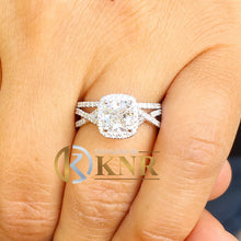 Load image into Gallery viewer, Cushion Cut Moissanite and Round Cut Sides Engagement Ring And Matching Band Wedding Set Twisted Shank Halo Style 14k Solid White Gold 2.70
