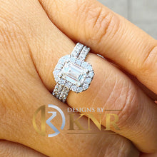 Load image into Gallery viewer, Emerald Cut Moissanite And Round Cut Sides Engagement Ring And Matching Band Halo Style Wedding Set 14k Solid White Gold Bridal Set 2.00ctw
