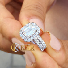 Load image into Gallery viewer, Emerald Cut Moissanite And Round Cut Sides Engagement Ring And Matching Band Halo Style Wedding Set 14k Solid White Gold Bridal Set 2.00ctw
