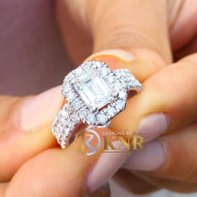 Load image into Gallery viewer, Emerald Cut Moissanite And Round Cut Sides Engagement Ring And Matching Band Halo Style Wedding Set 14k Solid White Gold Bridal Set 2.00ctw
