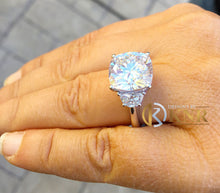 Load image into Gallery viewer, HUGE Cushion Cut Moissanite And Half Moon Cut Sides Engagement Ring Set In 14k Solid White Gold Bridal Ring Three Stone Wedding 5.80ctw
