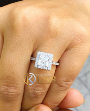 Load image into Gallery viewer, Princess Cut Moissanite and Round Cut Sides Engagement Ring Halo Wedding Ring Filigree Bridal Ring 14k Solid White Gold Propose Ring 2.00ctw
